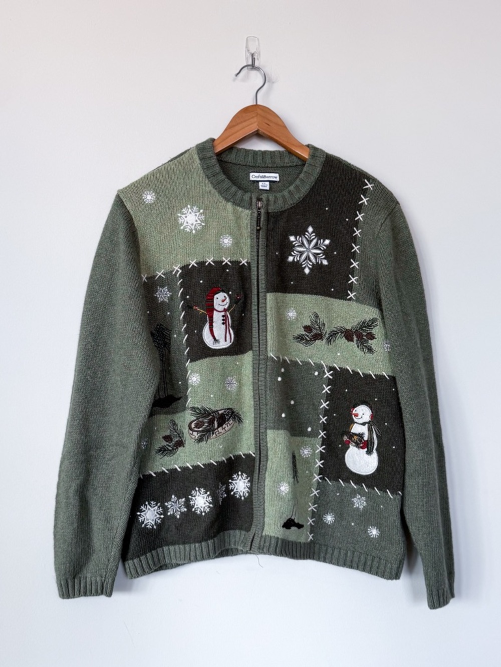 VTG Croft & Barrow Full-Zip Snowman Cardigan Green Embroidered Christmas Y2K